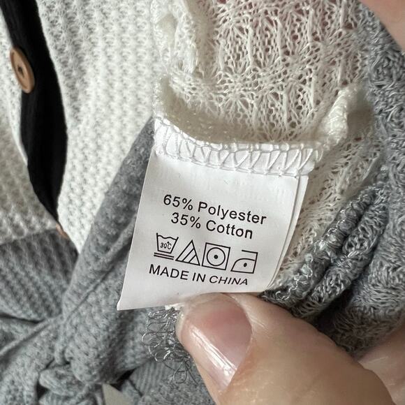 Color Blocking Button Down Tie Front V-Neck Waffle Knit Womens Long Sleeve Top - Picture 8 of 9